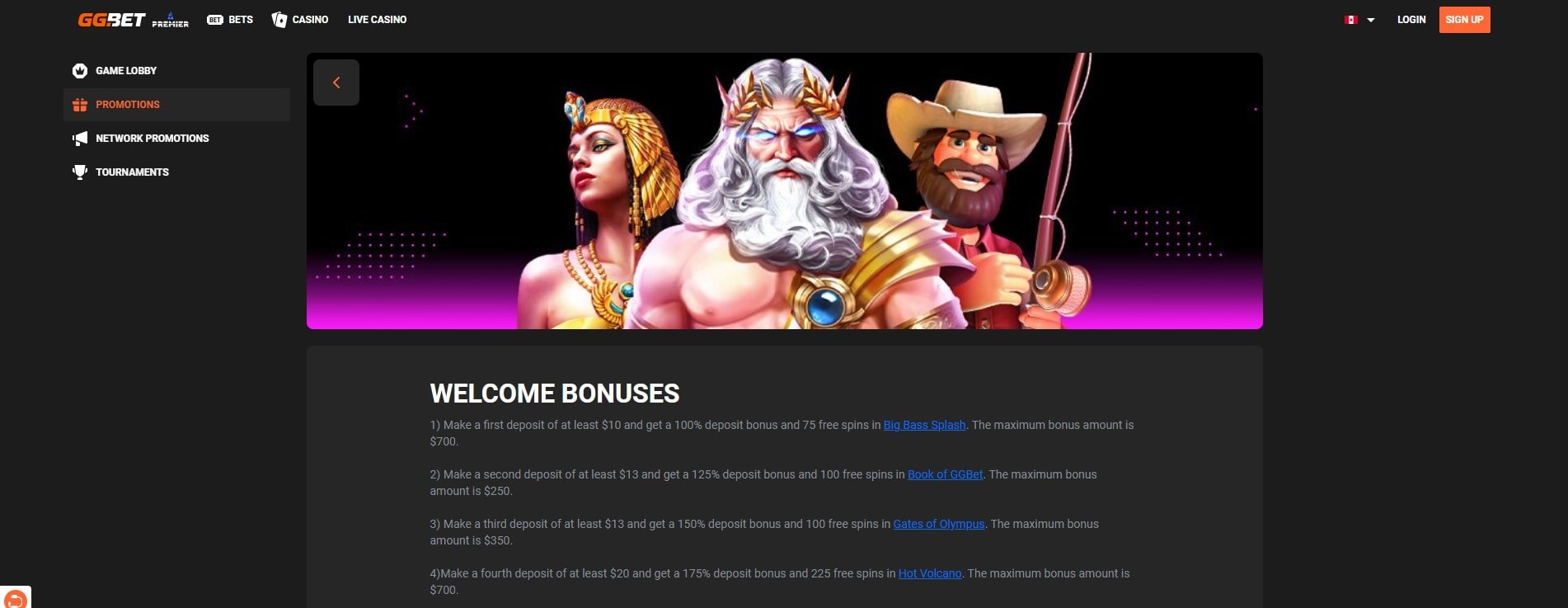 GGbet casino canada bonus page and information