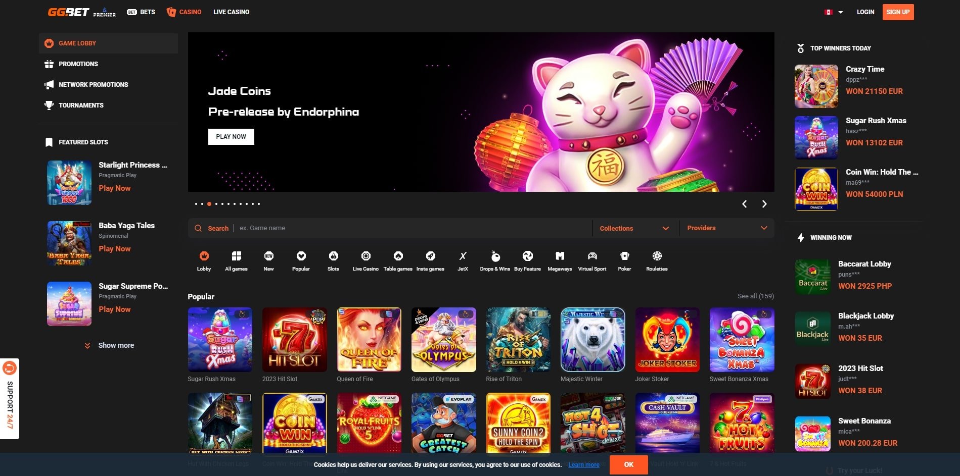 GGBet casino canada homescreen displaying games