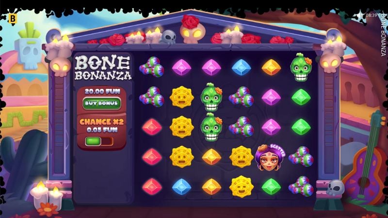Bone Bonanza slot machine grid and symbols